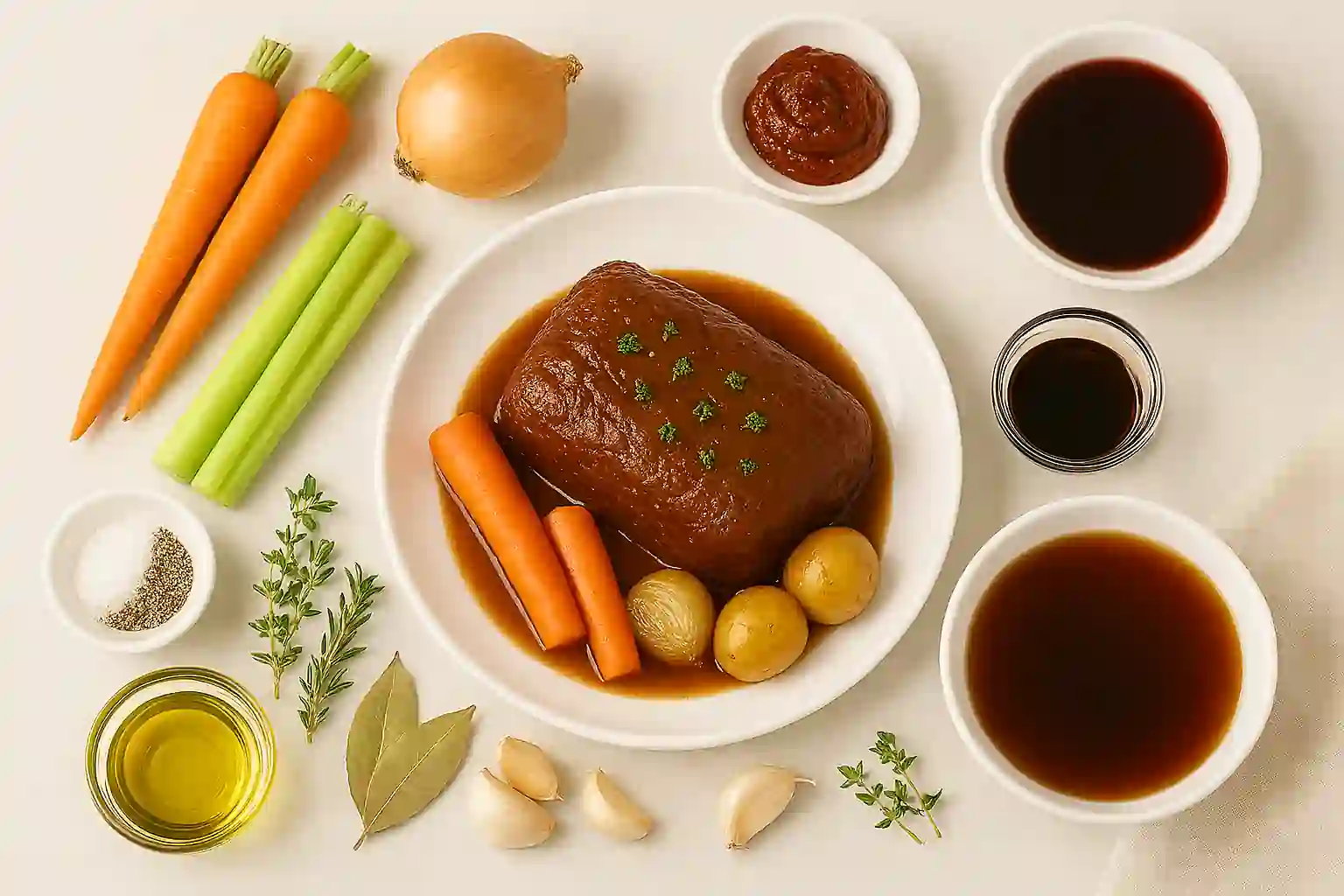 Ingredients for braised mock chuck roast including beef, vegetables, herbs, tomato paste, wine, and broth