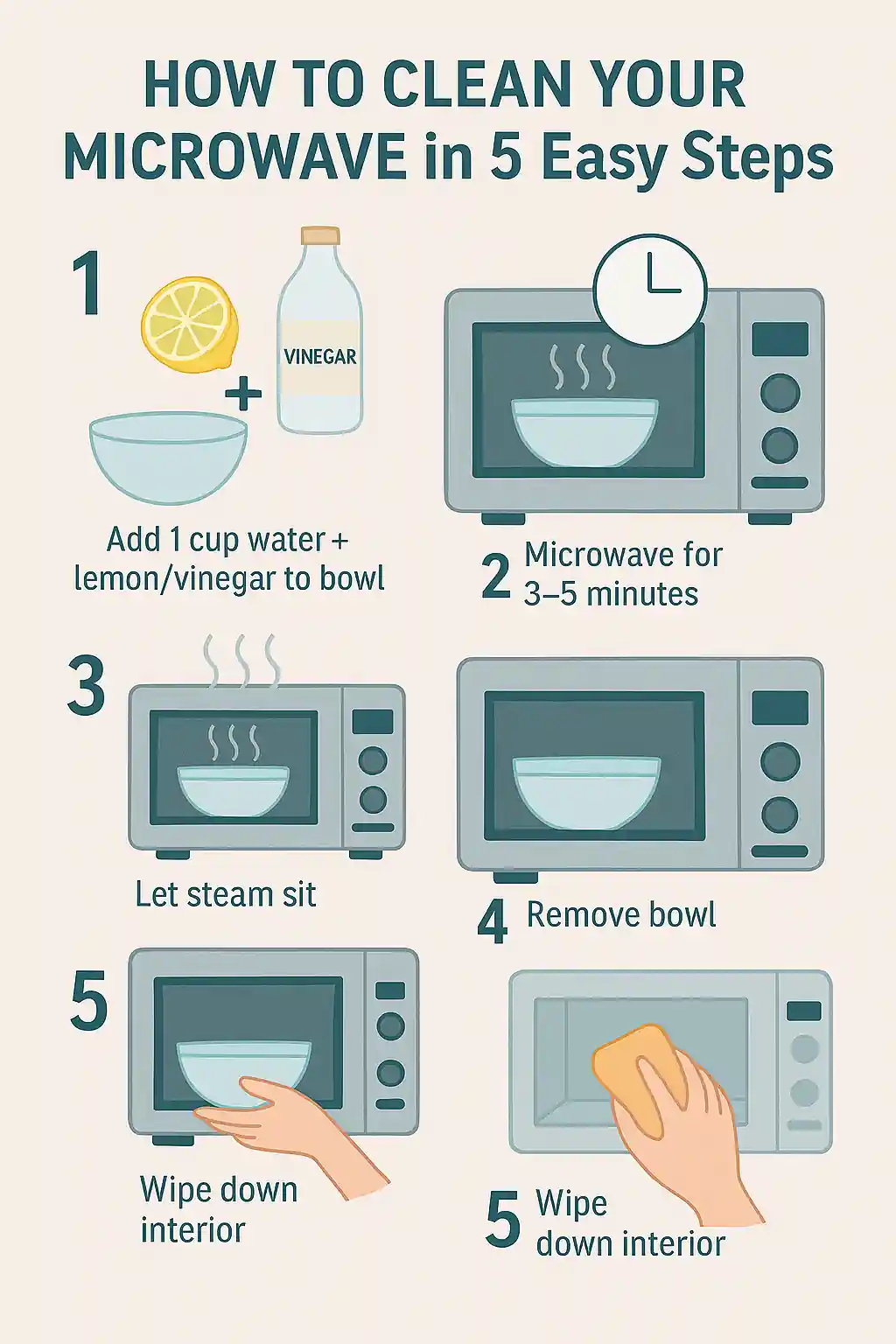 Infographic showing five illustrated steps to steam-clean a microwave using lemon or vinegar. Features pastel visuals of a microwave-safe bowl, lemon slices, vinegar bottle, microwave, clock, rising steam, hand removing bowl, and wiping with a sponge inside a microwave. Includes clear numbered steps and soft kitchen-themed colors.