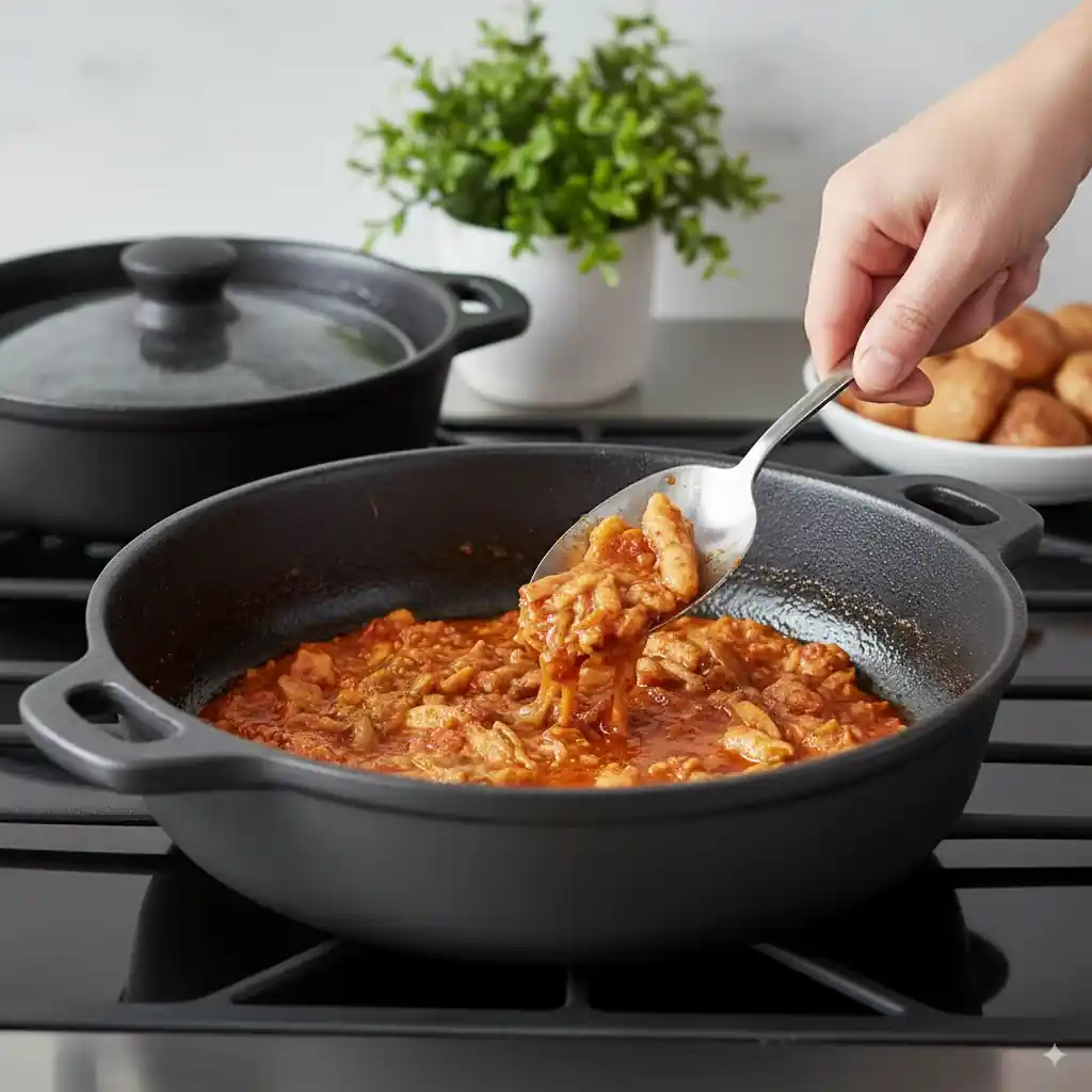 A hand inserting a digital meat thermometer into the thickest part of a roasted chicken hindquarter on a baking sheet to ensure it's fully cooked.