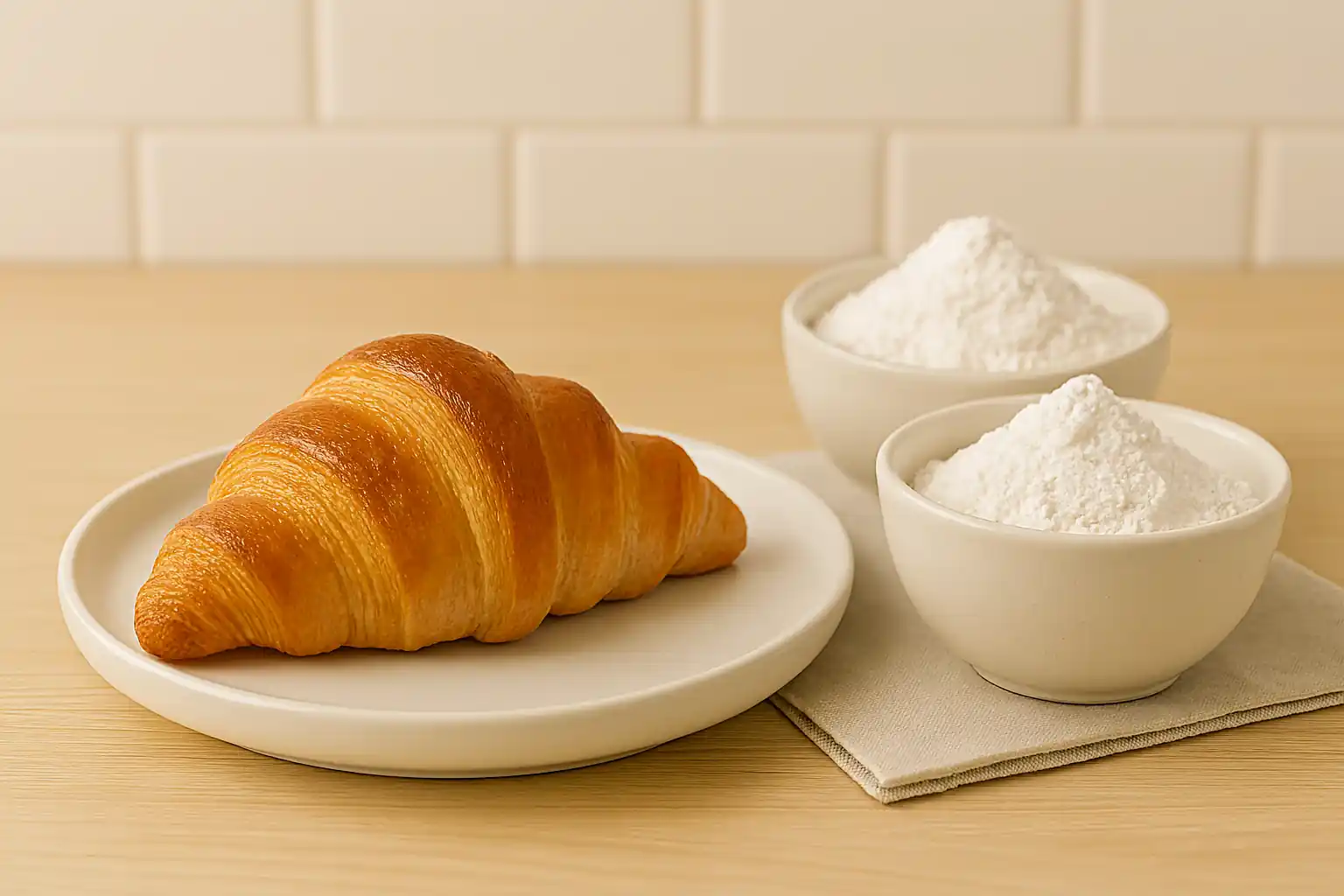 Swiss Gipfeli pastry beside bowls of all-purpose and bread flour on wooden kitchen counter