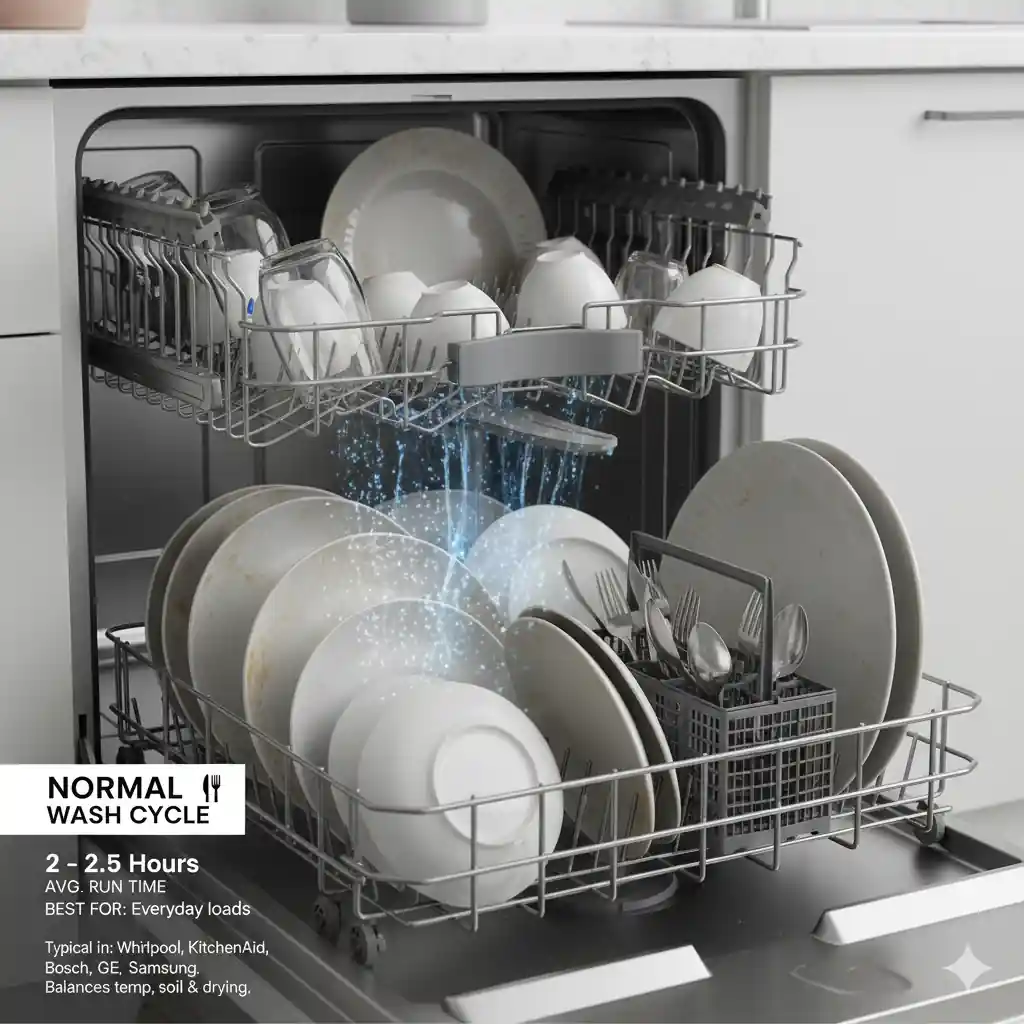 Dishwasher interior with a normal load of dishes, showing water jets cleaning, indicating a 2-2.5 hour normal wash cycle, best for everyday loads.