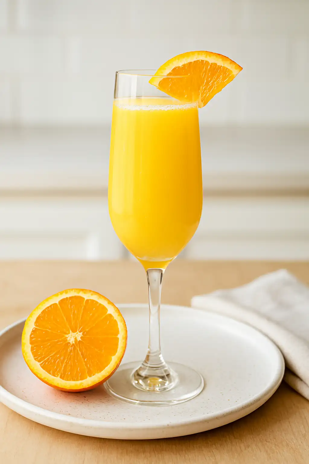 Sparkling mockmosa recipe in a champagne flute with fresh orange garnish on a bright kitchen counter