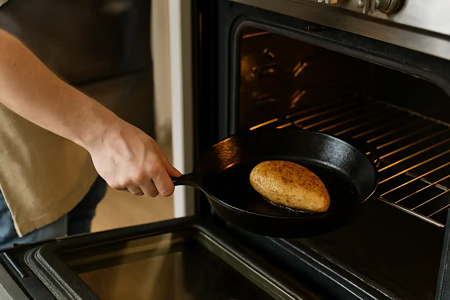 A person placing a chicken breast in a cast iron skillet into the oven.