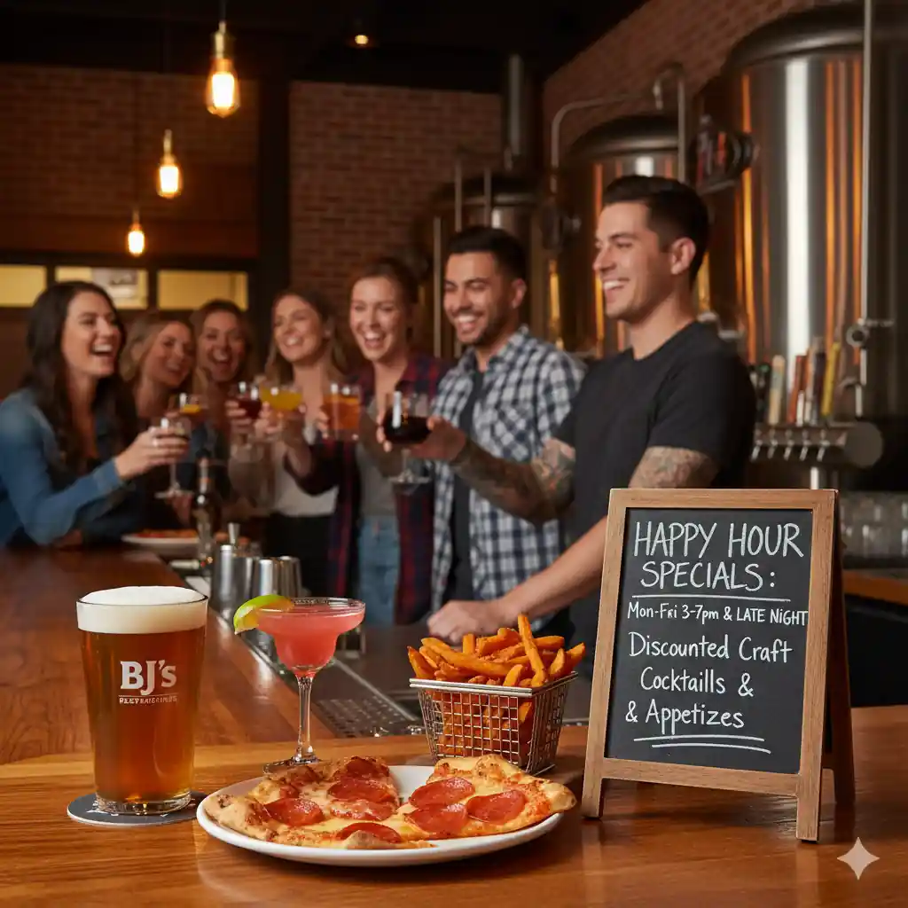 Group enjoying drinks and food at BJ’s Restaurant & Brewhouse during happy hour, with beer, cocktail, fries, pizza, and a chalkboard sign listing weekday specials in a lively bar setting.