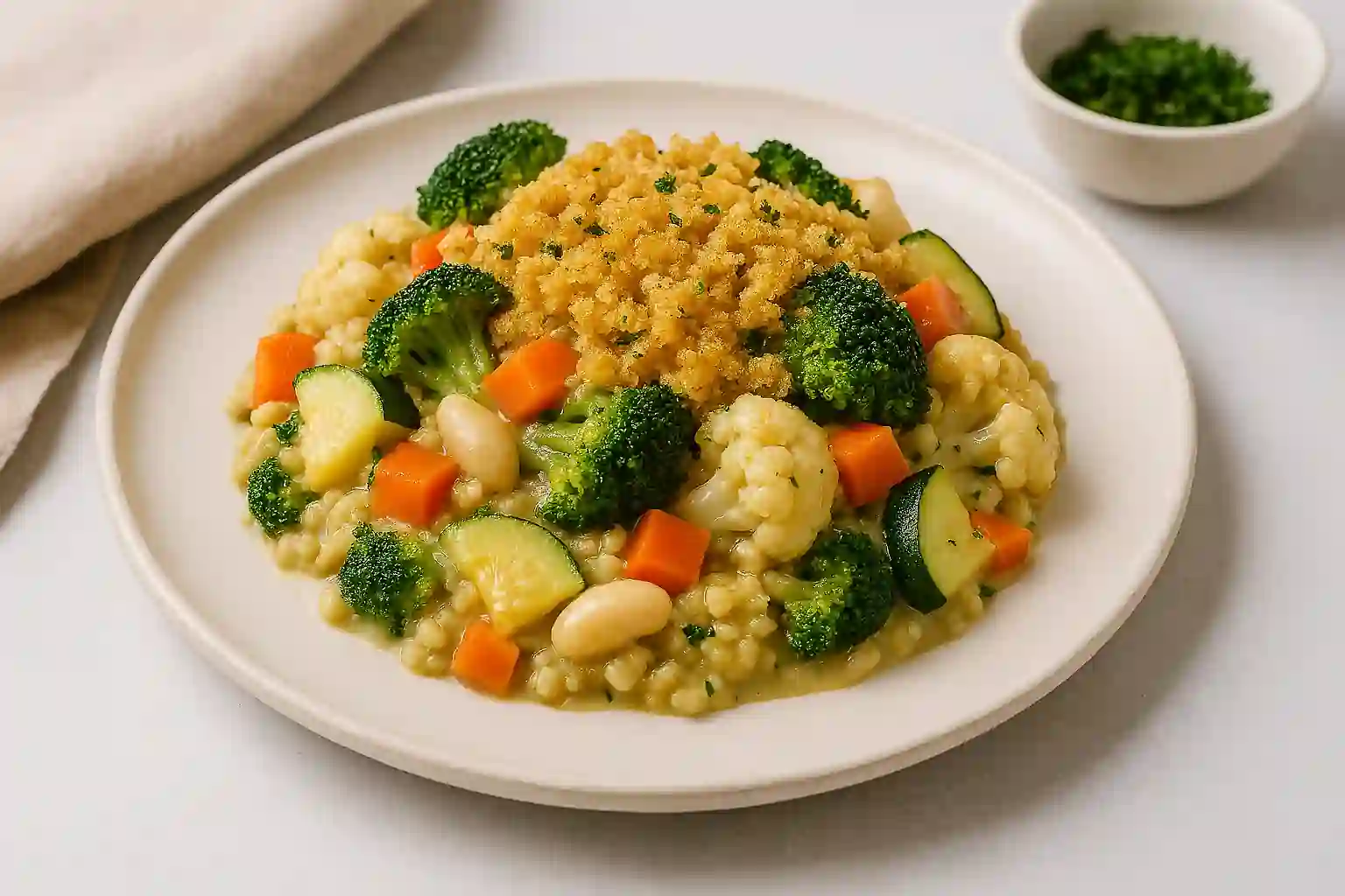 Single-serving vegan casserole with broccoli, cauliflower, zucchini, and red bell pepper topped with golden breadcrumbs on a ceramic plate.