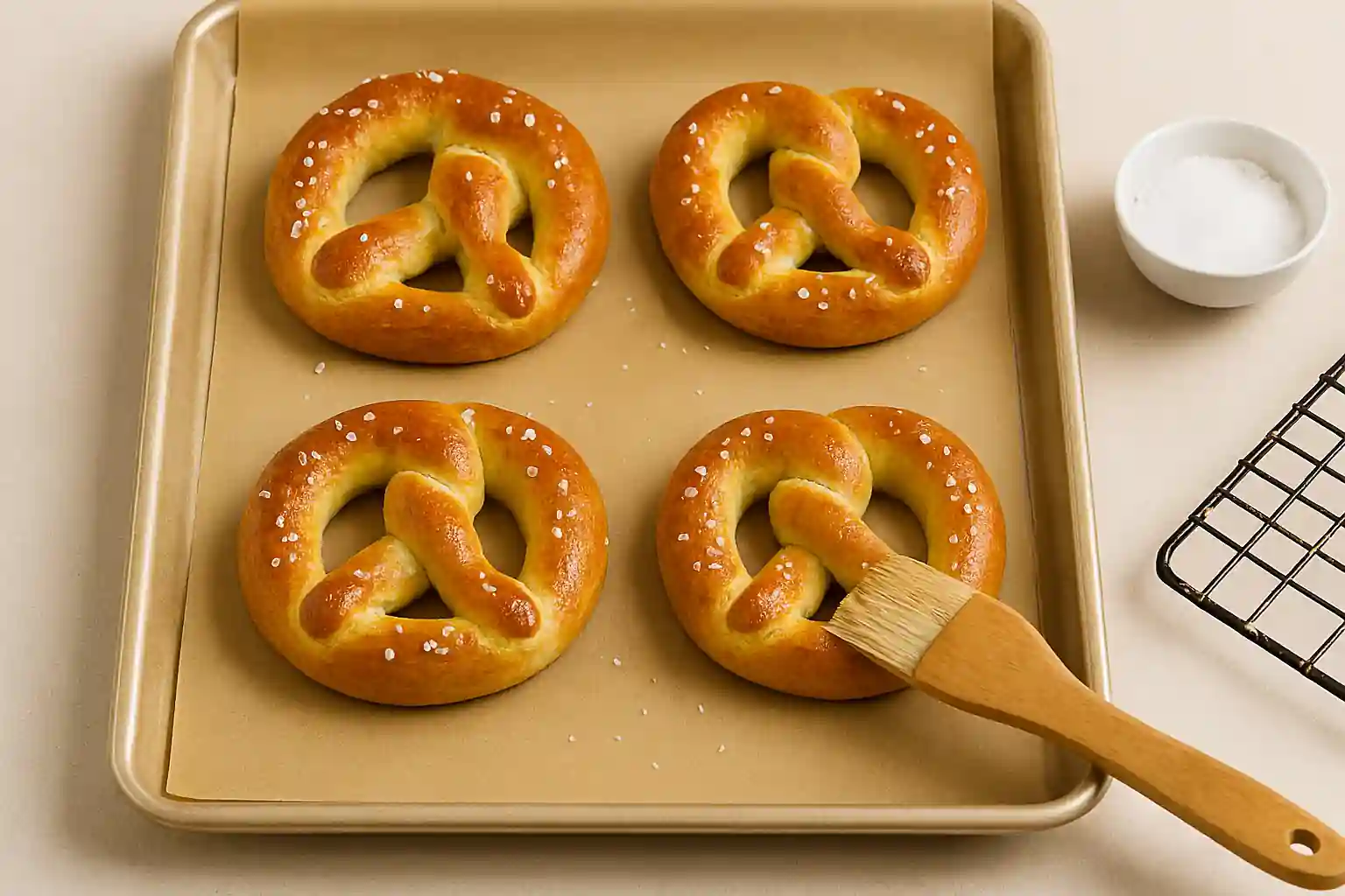 Golden-brown baked pretzels brushed with egg wash and sprinkled with coarse salt on parchment-lined tray