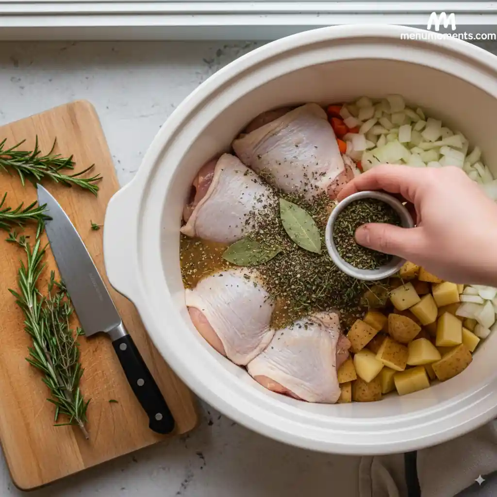 A hand sprinkling dried herbs (rosemary, thyme, bay leaf) over chicken and vegetables in a white crockpot, preparing for cooking. Image branded with menumoments.com.