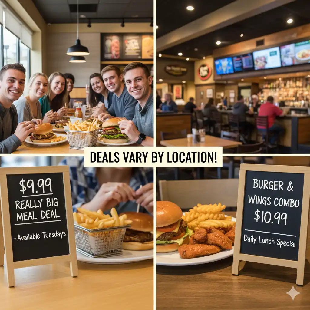 A collage showing different Applebee's dining scenes and small chalkboard signs indicating varying deals: "$9.99 Really Big Meal Deal - Available Tuesdays" and "Burger & Wings Combo $10.99 - Daily Lunch Special," with text "DEALS VARY BY LOCATION!" in the center.