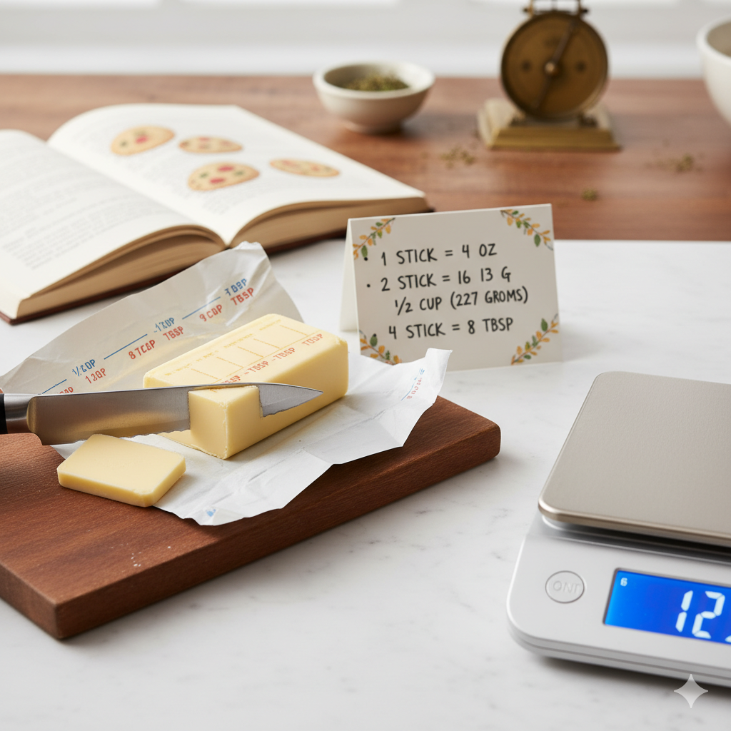 A stick of butter being cut on a wooden board, with wrapper markings visible for tablespoon measurements, next to a conversion chart and a food scale.