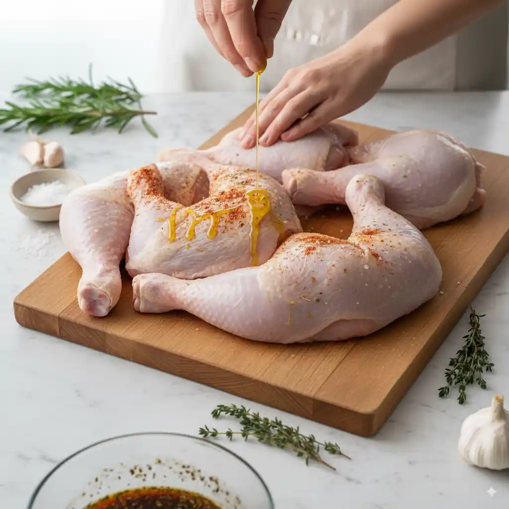 A close-up shot of hands drizzling olive oil over seasoned raw chicken hindquarters on a wooden cutting board, surrounded by fresh herbs.
