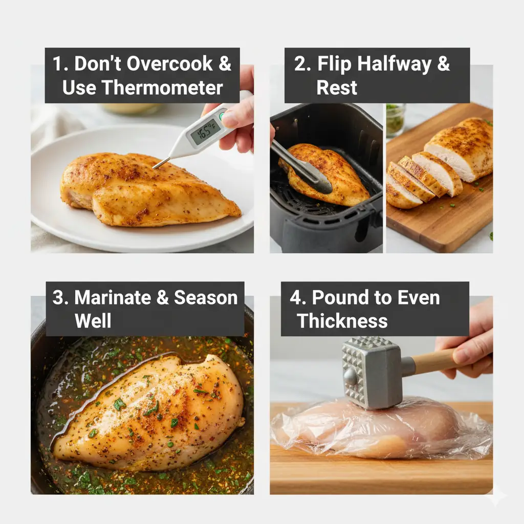 Four-panel image demonstrating tips for juicy air fryer chicken breast: checking temperature to avoid overcooking, flipping chicken, marinating for flavor, and pounding for even thickness