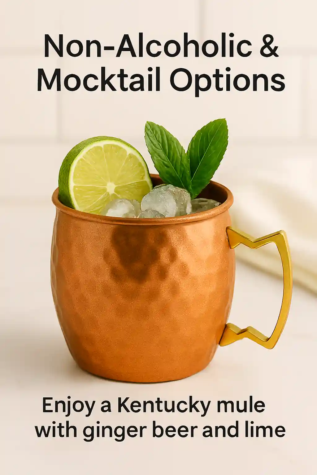 Non-alcoholic Kentucky Mule mocktail in a copper mug with lime wheel and mint garnish on a marble countertop.