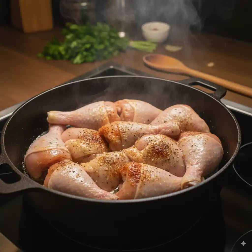 Raw chicken drumsticks and thighs seasoned with salt and pepper, actively searing in a hot cast iron skillet on a stovetop, with steam rising. The chicken skin is starting to turn golden brown.