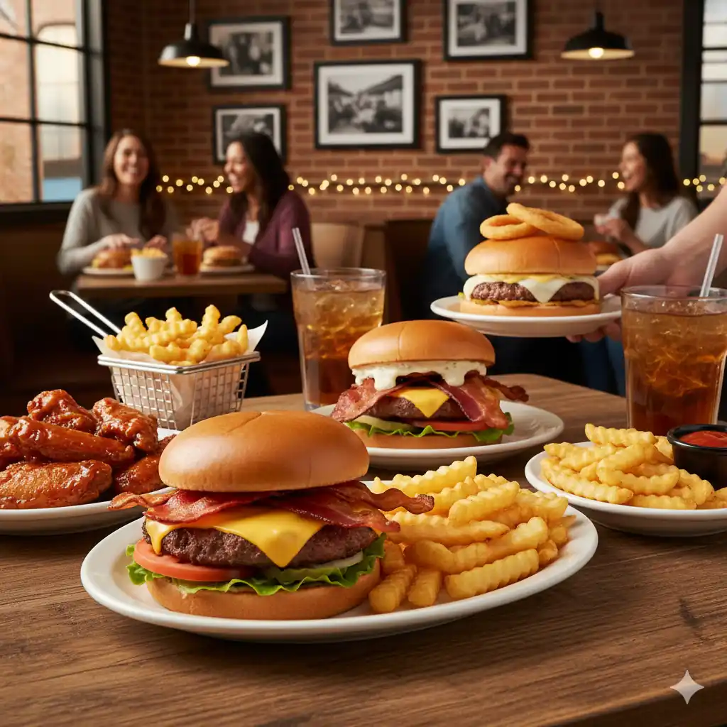 A variety of Applebee's burger specials, including a bacon cheeseburger, a new big cheeseburger with onion rings, fries, and boneless wings, served to happy diners.