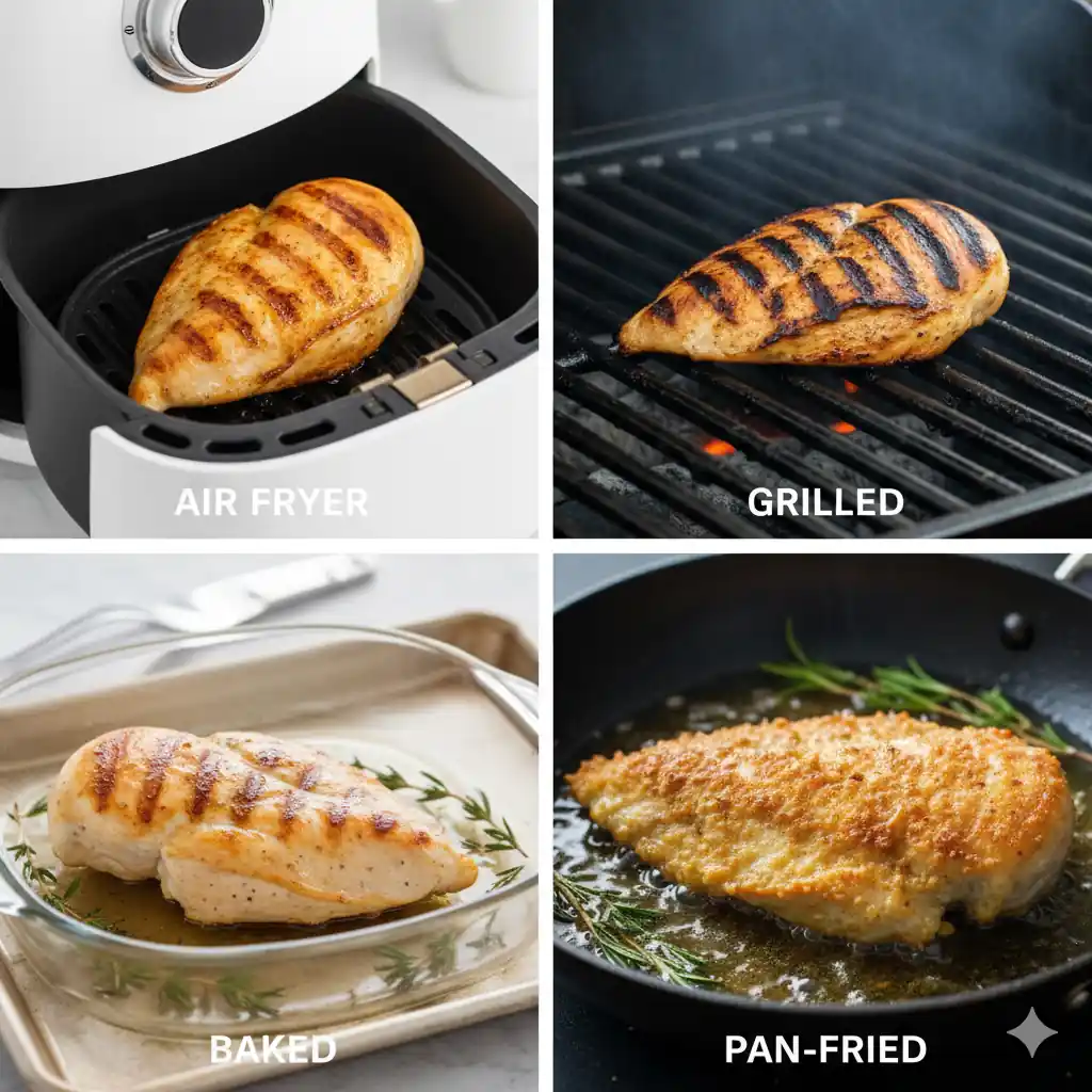 A four-panel image comparing cooked chicken breasts: air fryer, grilled, baked, and pan-fried, each labeled with its cooking method.