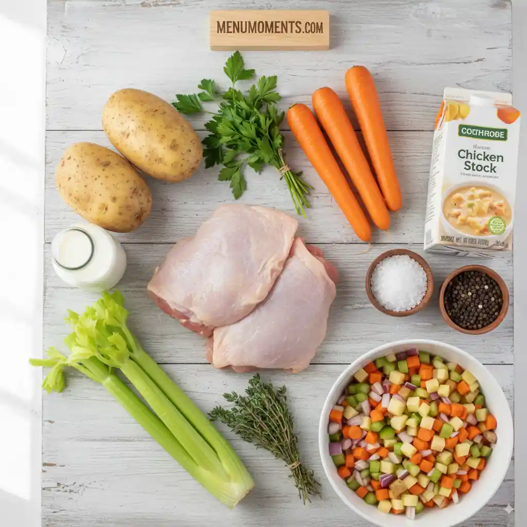 Overhead shot of fresh ingredients for Crockpot Chicken and Potato Soup, including chicken thighs, potatoes, carrots, celery, onion, chicken stock, cream, parsley, thyme, salt, and pepper on a white wooden background. Branding: menumoments.com.