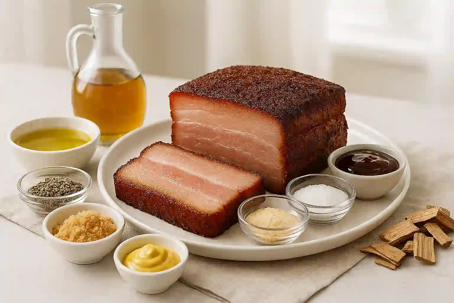 Essential ingredients for smoked pork belly including raw pork belly slab, spices, glazes, and wood chip