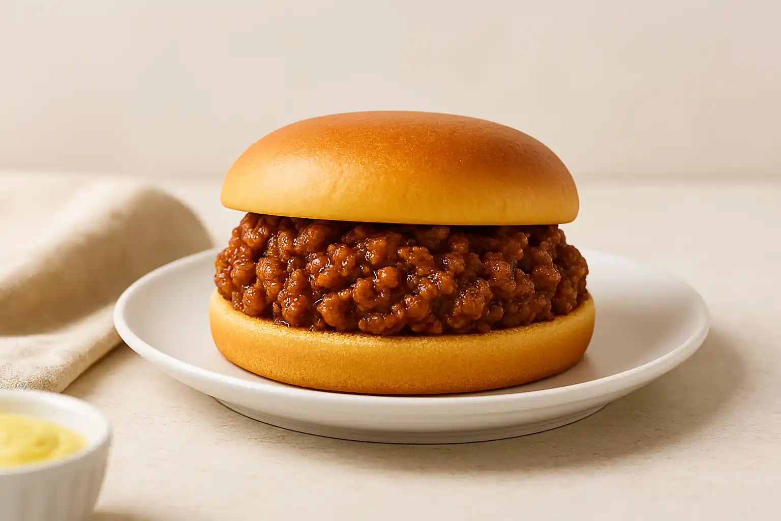 Sloppy Joe sandwich on a white plate with soft bun and rich ground beef filling, styled in bright kitchen lighting.