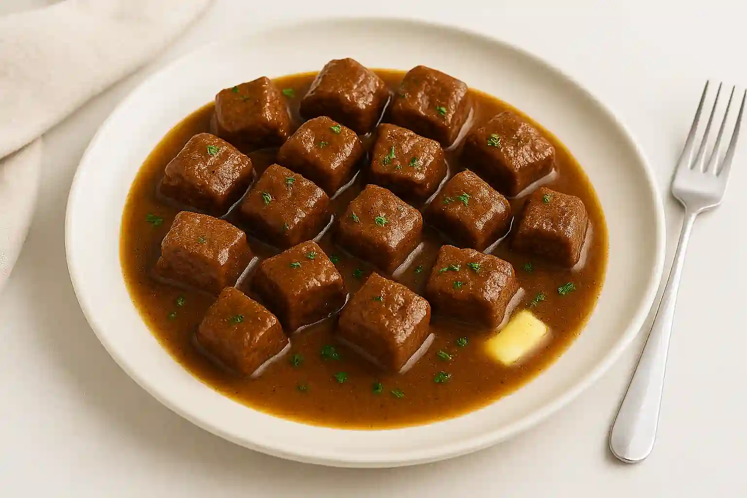 Tender beef tips plated in rich brown gravy with parsley garnish under bright natural kitchen lighting