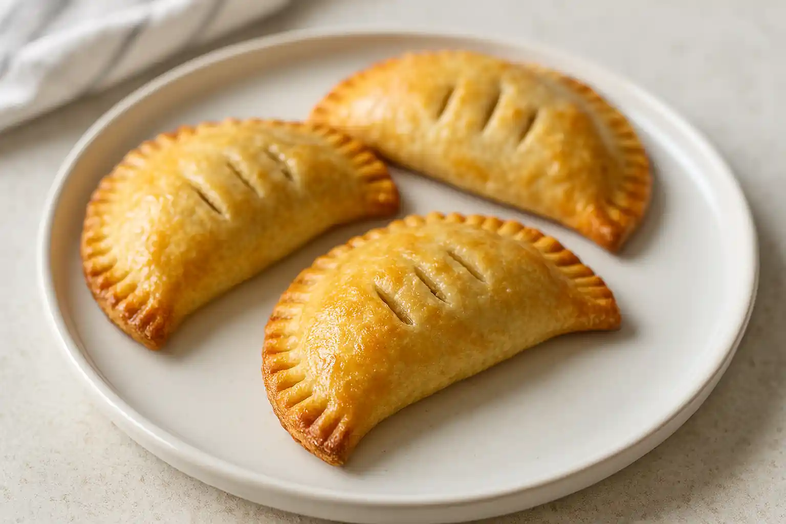 Golden-brown homemade breakfast hand pies on a white ceramic plate, beautifully plated with bright natural kitchen lighting, minimal background, modern food photography style.