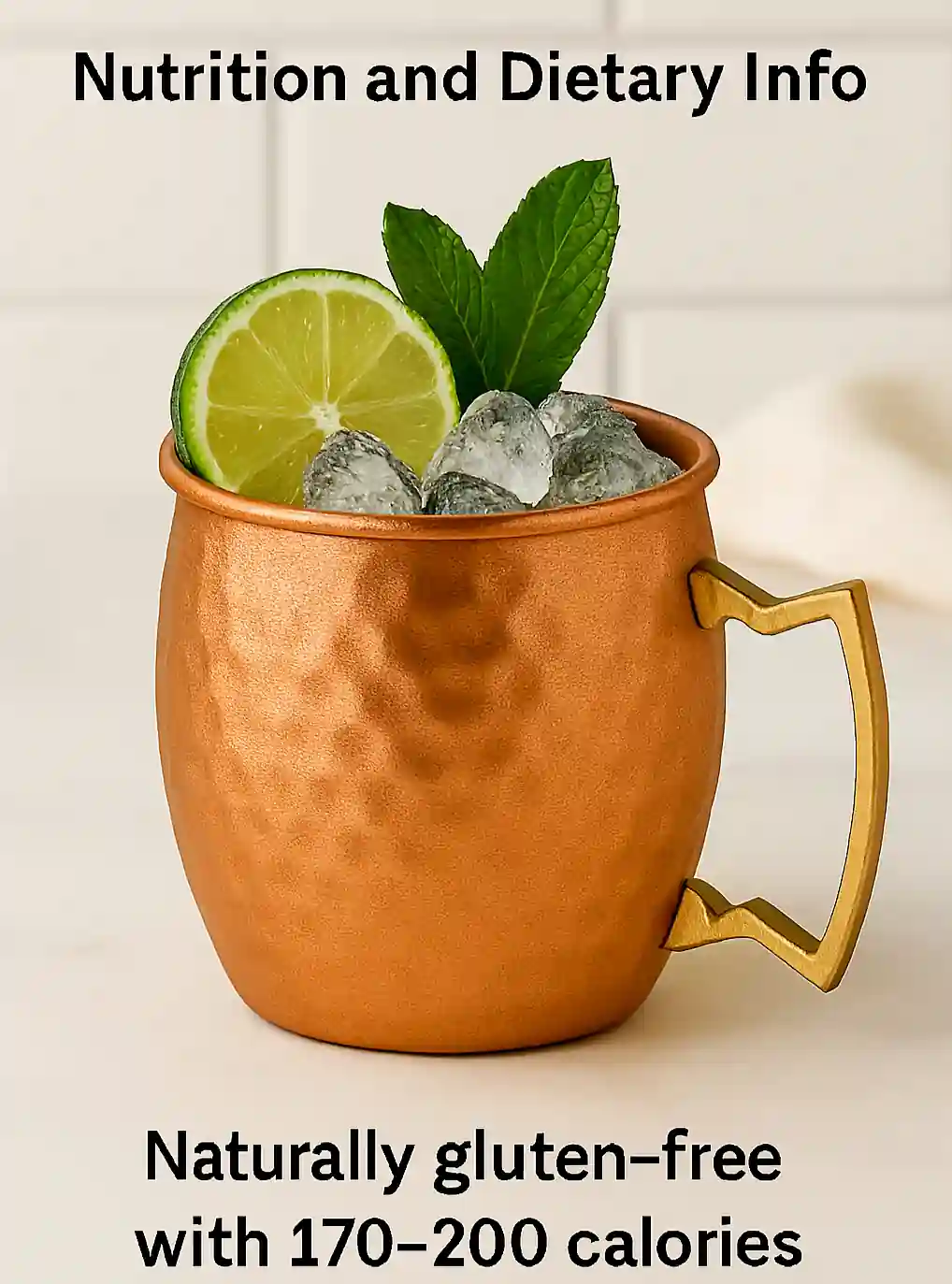 Kentucky Mule cocktail in a copper mug with lime and mint garnish, placed beside a nutrition card on a marble countertop.
