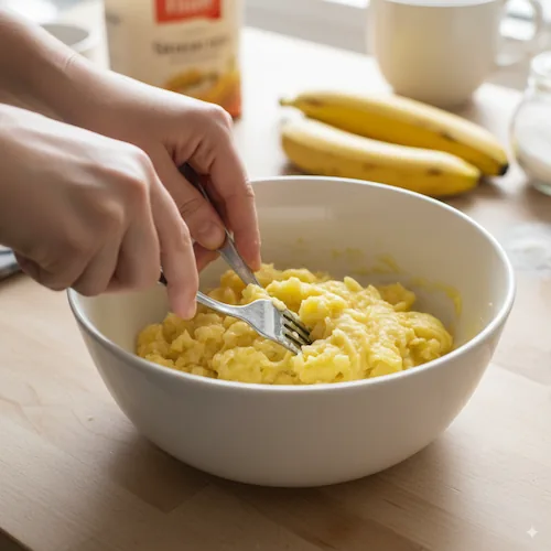 Mashing ripe bananas in a white bowl with a fork on a wooden countertop for baking preparation