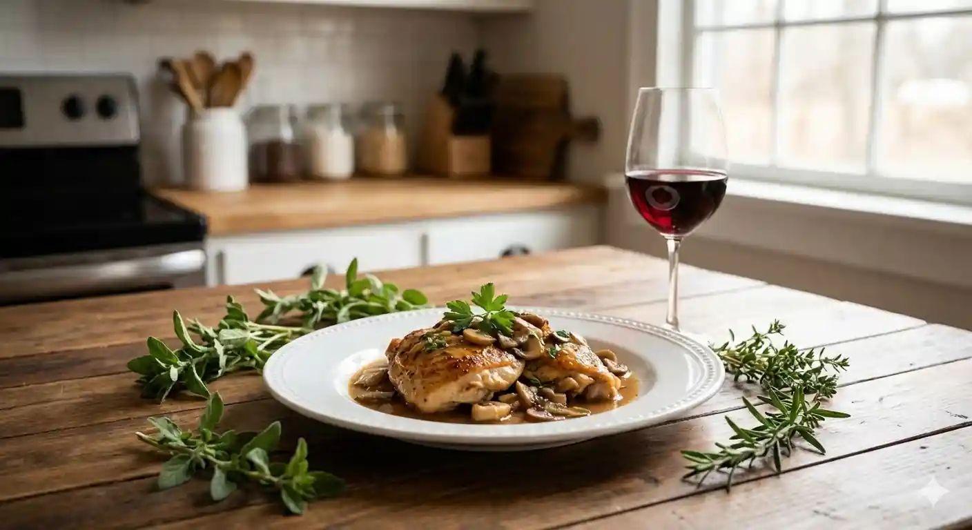 A white plate with ina garten chicken marsala and mushrooms on a rustic wooden table next to a glass of red wine, with fresh herbs scattered around.