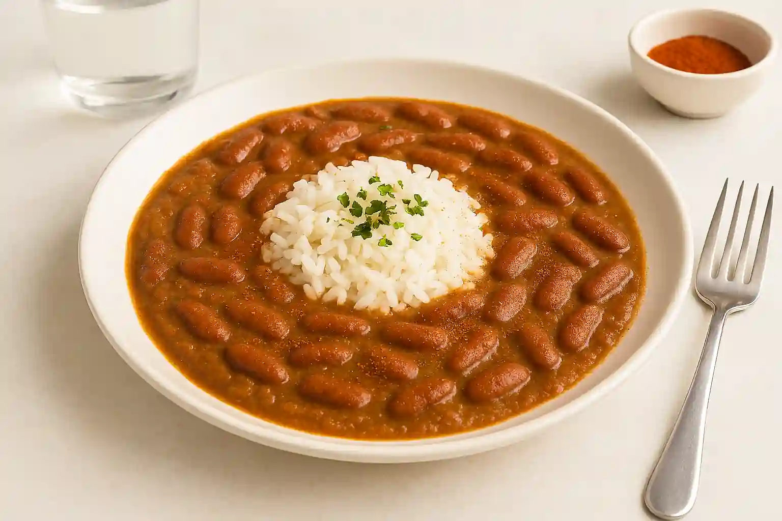 Homemade popeyes recipe for red beans with rice in a white bowl, garnished with parsley and Cajun spices