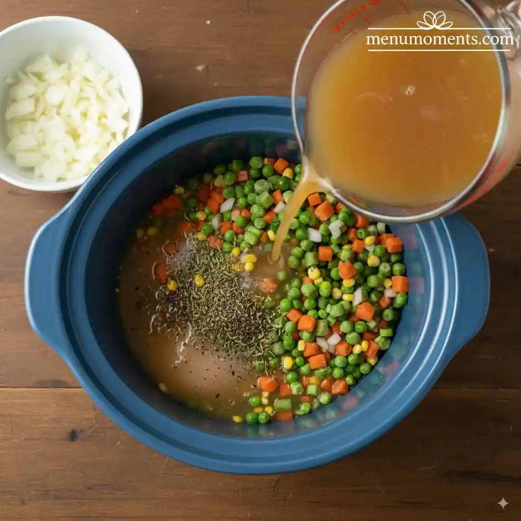 Chicken broth being poured from a measuring cup into a crockpot filled with frozen chicken, mixed vegetables, and dried herbs on a wooden surface.