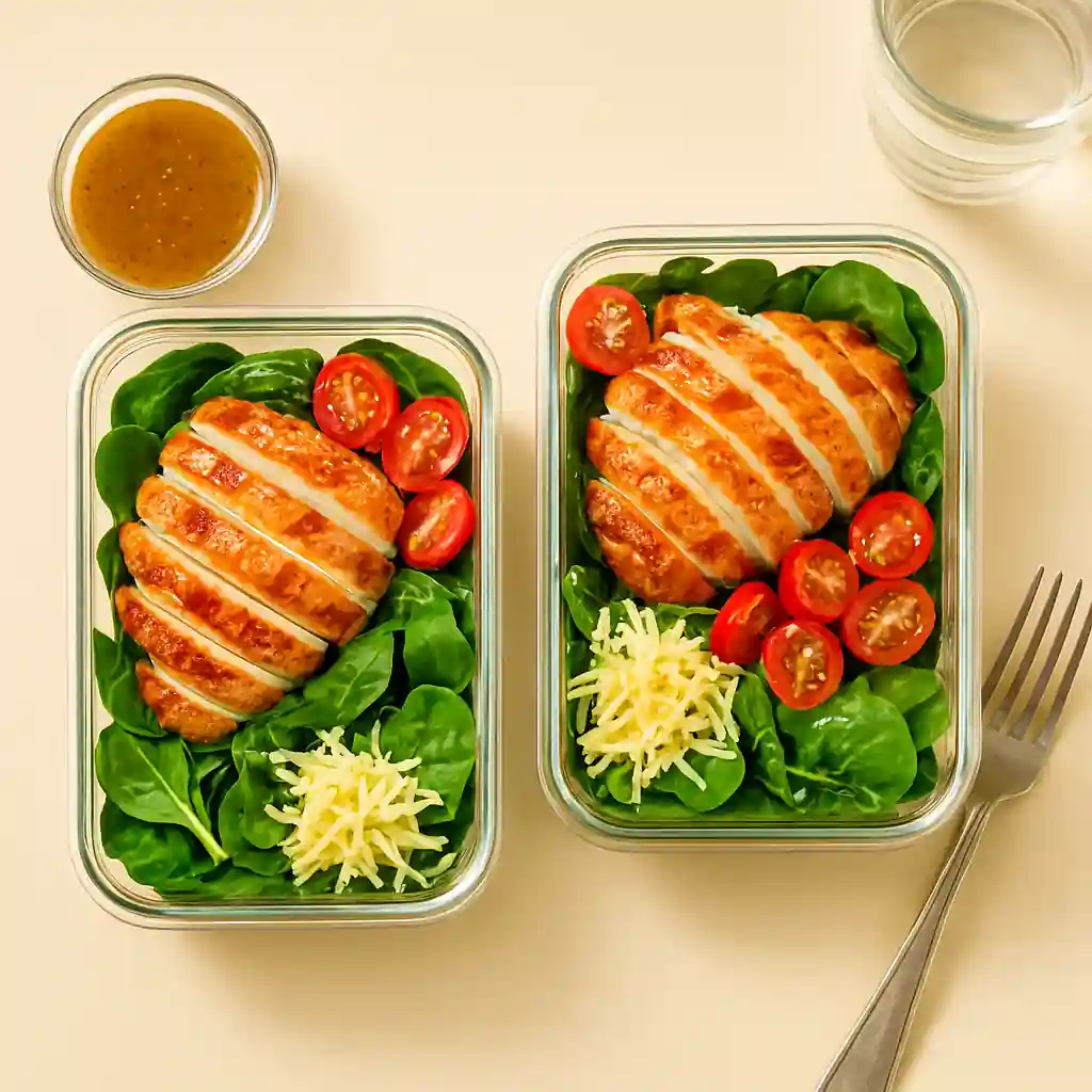 A beautifully arranged meal prep of keto grilled chicken salads in clear containers, featuring leafy greens, tomatoes, and cheese, set on a cream-colored surface in natural kitchen lighting.