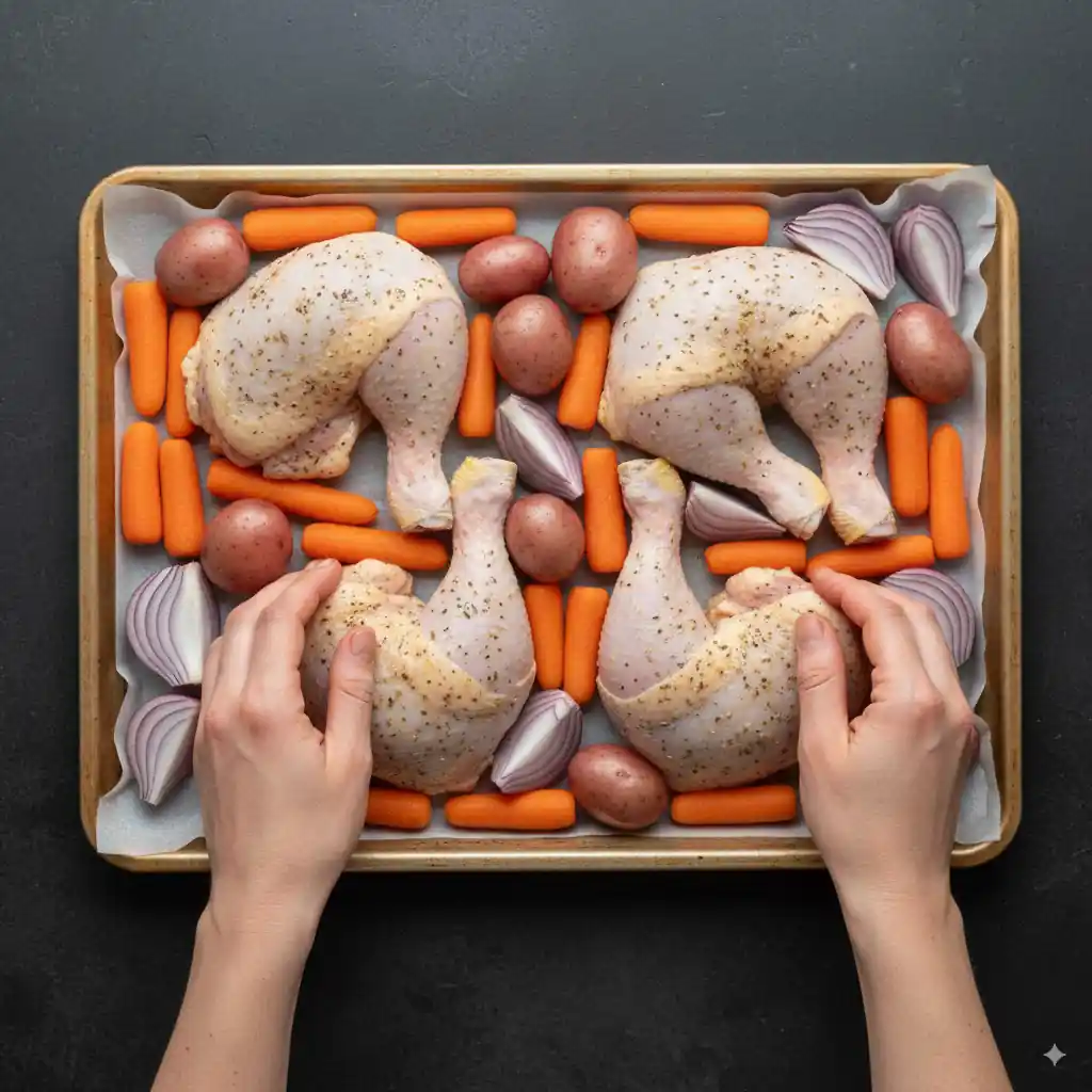 Overhead view of hands carefully arranging seasoned raw chicken hindquarters, baby carrots, small red potatoes, and sliced red onions on a parchment-lined baking sheet.