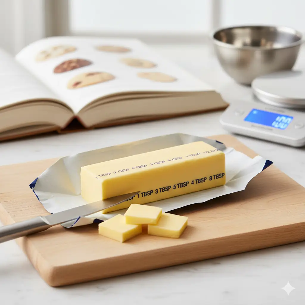 A stick of butter on a wooden cutting board with a knife, clearly showing the tablespoon markings on its wrapper, cut into small pieces.