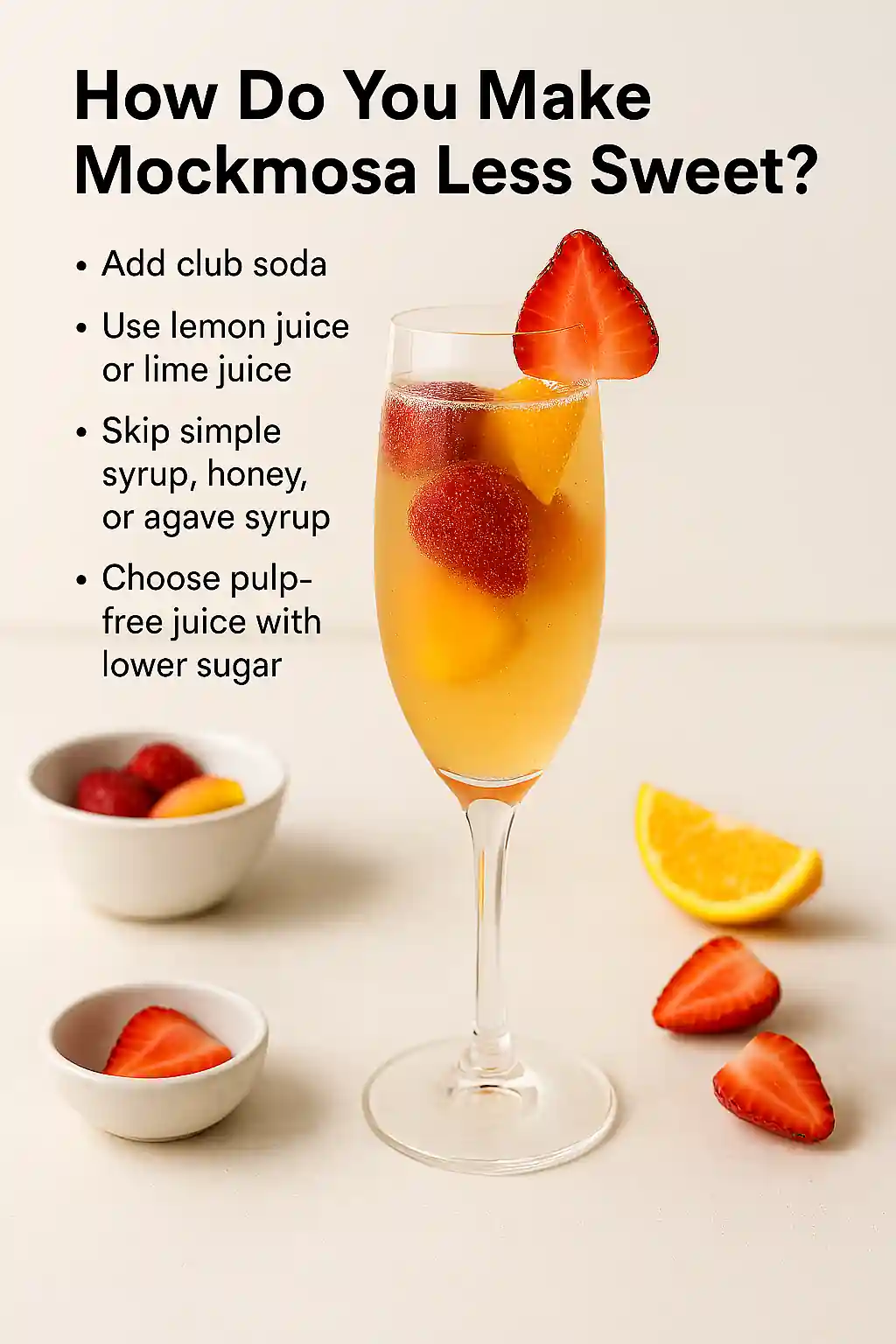 Light mockmosa in a champagne flute with lemon garnish and mint, styled on a marble countertop with bright natural lighting.
