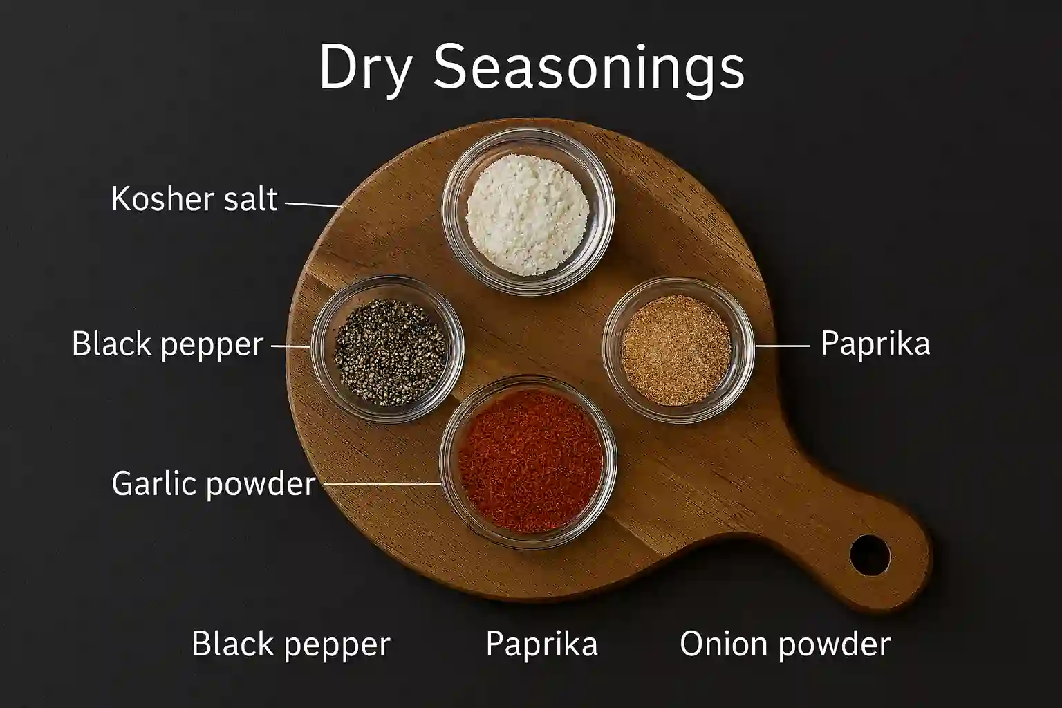 Five glass bowls of kosher salt, black pepper, paprika, garlic powder, and onion powder on a wooden cutting board