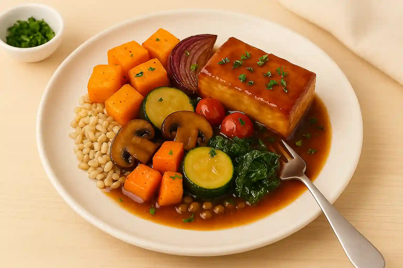 "Single-serving vegan casserole with roasted vegetables and cider glaze inspired by crab apple jelly flavors"