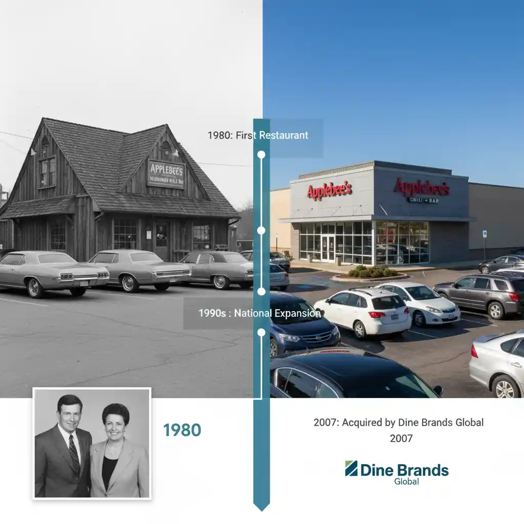 A split image showing the historical evolution of Applebee's, with the original 1980 restaurant on the left and a modern Applebee's on the right, alongside a timeline highlighting key milestones like the first restaurant, national expansion in the 1990s, and acquisition by Dine Brands Global in 2007.