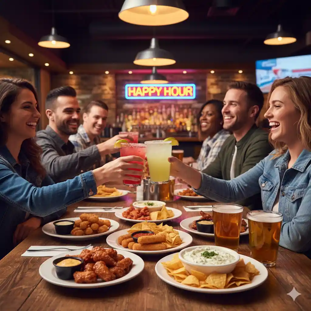 Group of friends toasting drinks and enjoying appetizers at an Applebee's happy hour with a "Happy Hour" neon sign in the background.