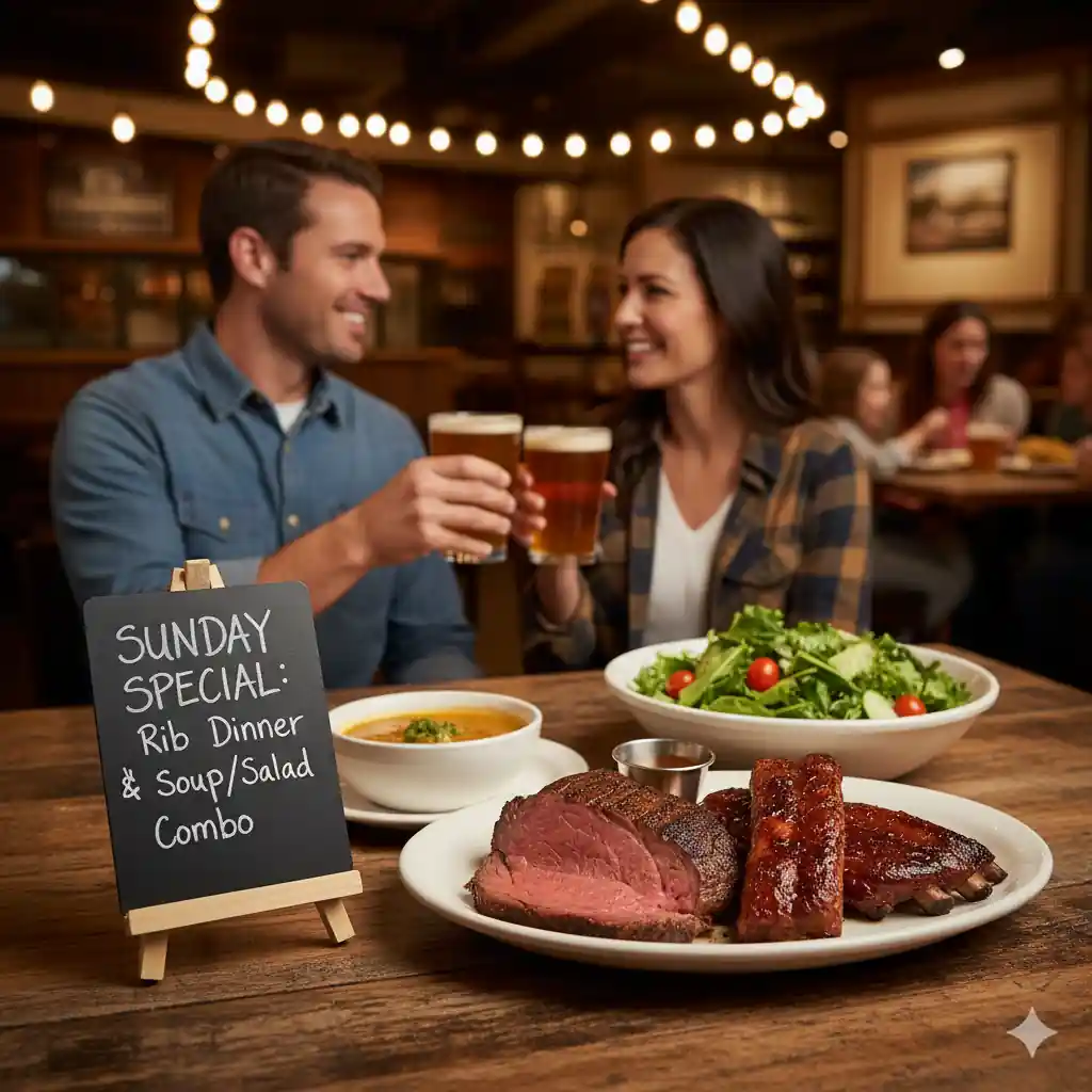A "Sunday Special: Rib Dinner & Soup/Salad Combo" sign next to a plate of prime rib and ribs, with soup and salad, and a couple toasting beers in the background at BJ's Restaurant Brewhouse.