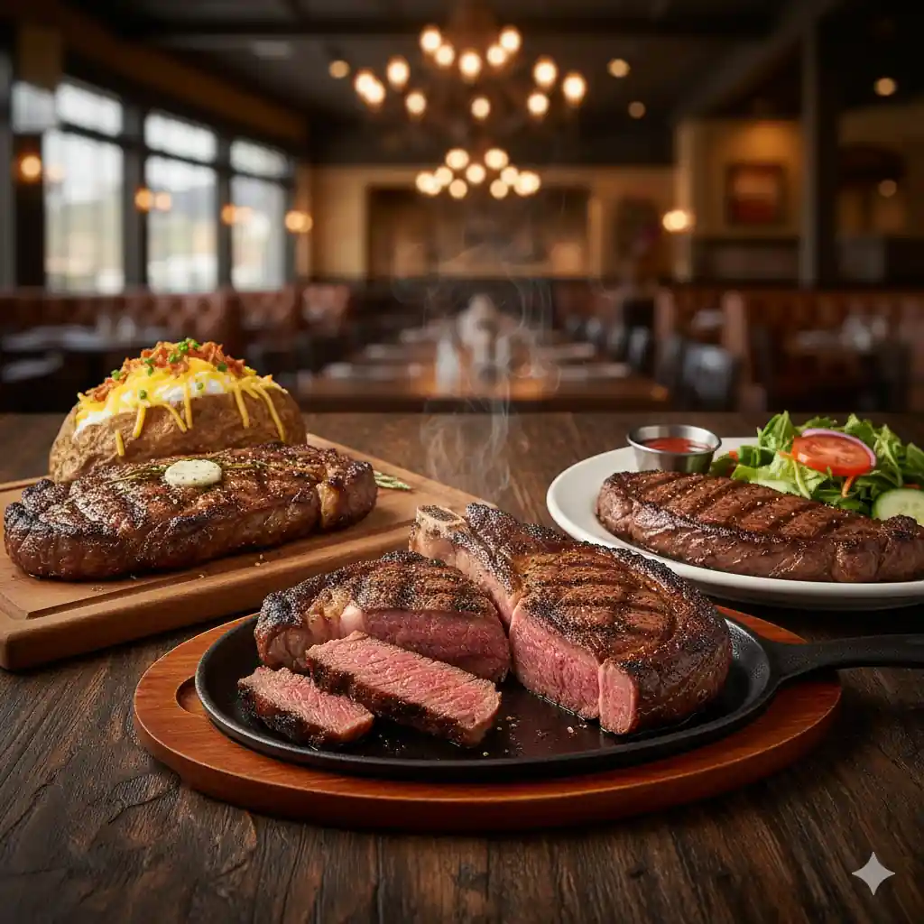 Three perfectly grilled Longhorn Steakhouse steaks: a sliced ribeye on a skillet, a sirloin with butter and a loaded baked potato, and another sirloin with a side salad, showcasing various cuts and preparations.