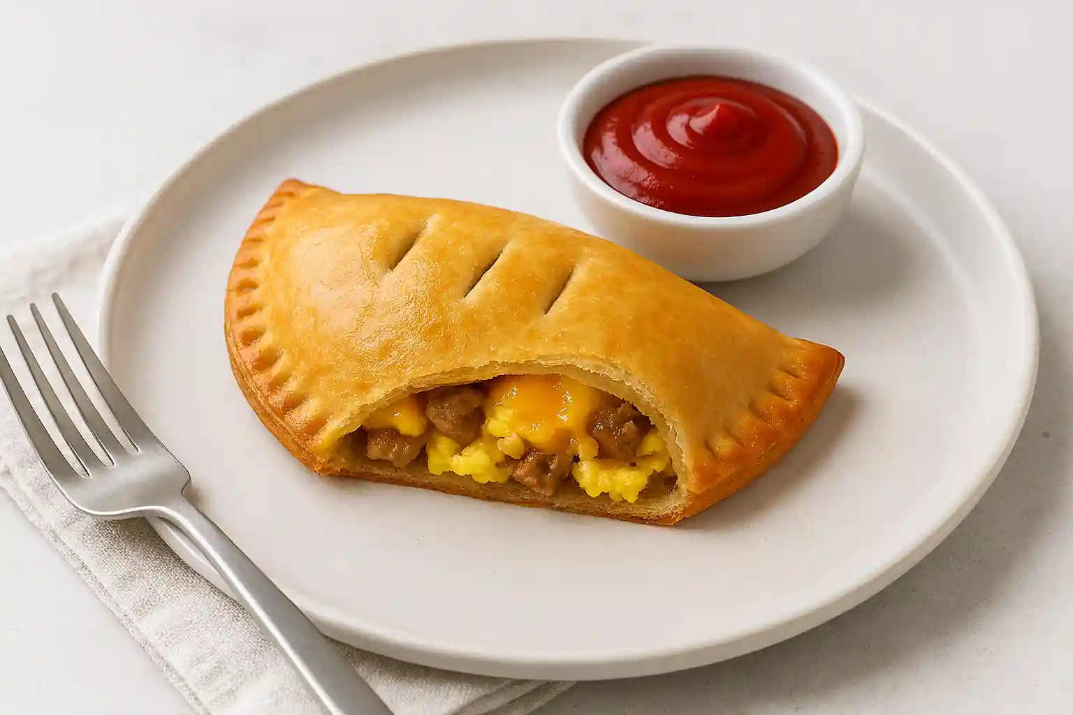 Golden flaky 5 ingredient breakfast hand pies recipe sliced open to reveal eggs, cheese, and sausage on a white plate with ketchup