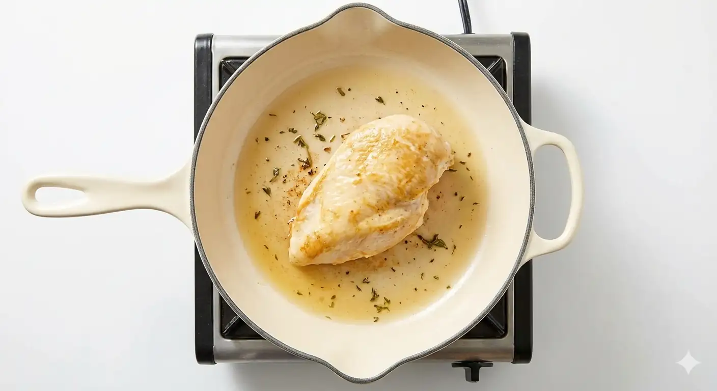 A chicken breast cooking in a cream-colored, enameled cast iron skillet with cooking liquid and herbs.