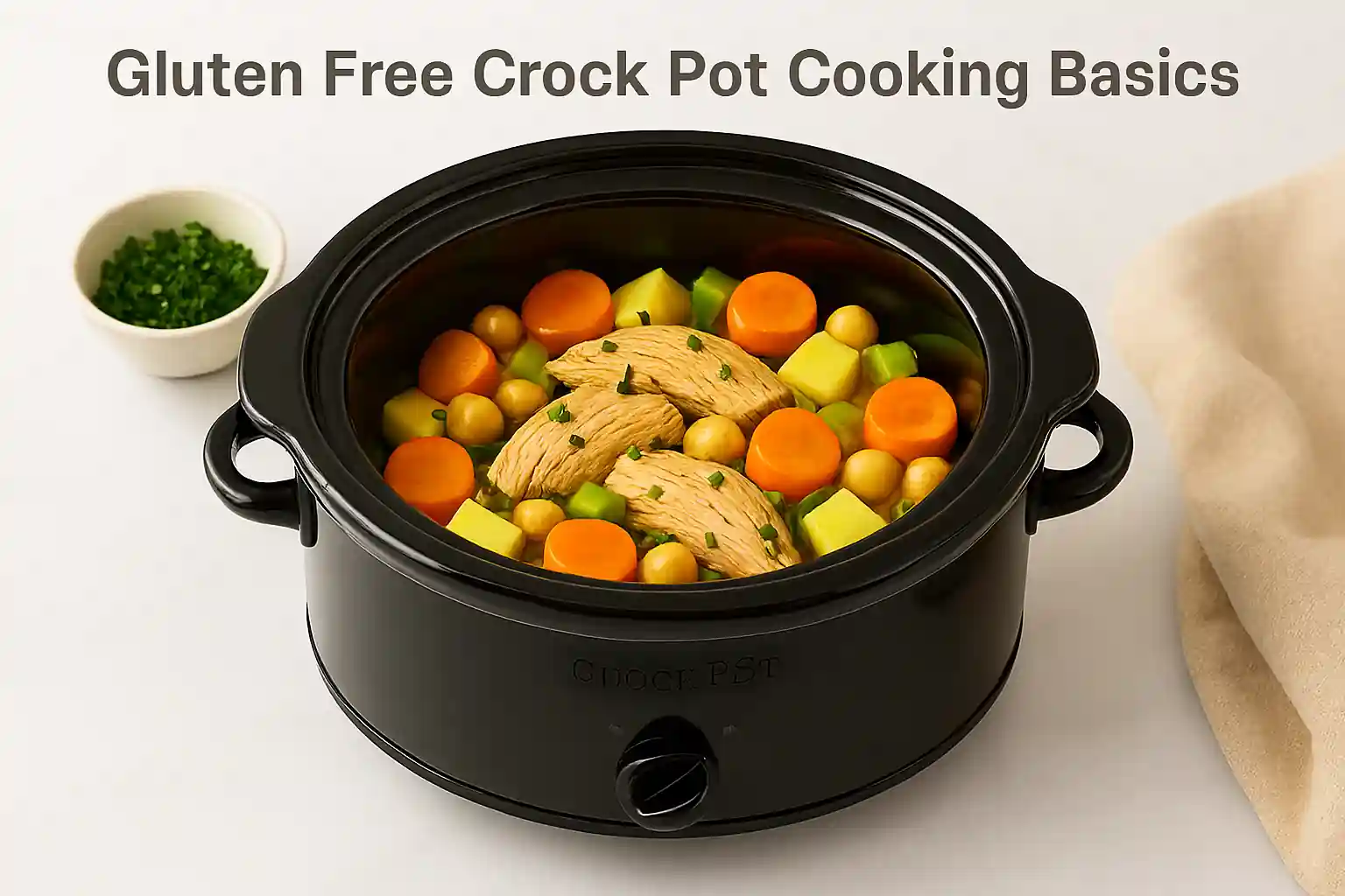Gluten-free chicken stew with carrots and potatoes in a slow cooker, surrounded by fresh herbs and minimal prep tools on a marble countertop
