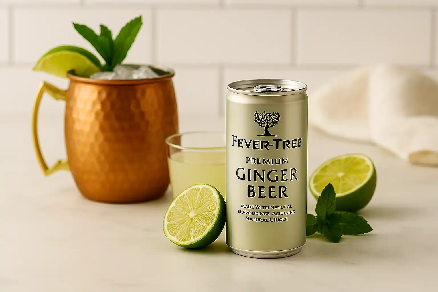 Fever-Tree ginger beer can beside a copper mug filled with ice, lime wedge, and mint on a marble countertop.