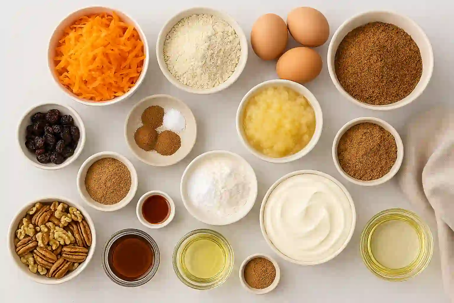 Gluten-free carrot cake ingredients including grated carrots, gluten-free flours, spices, oils, and mix-ins arranged on a kitchen counte