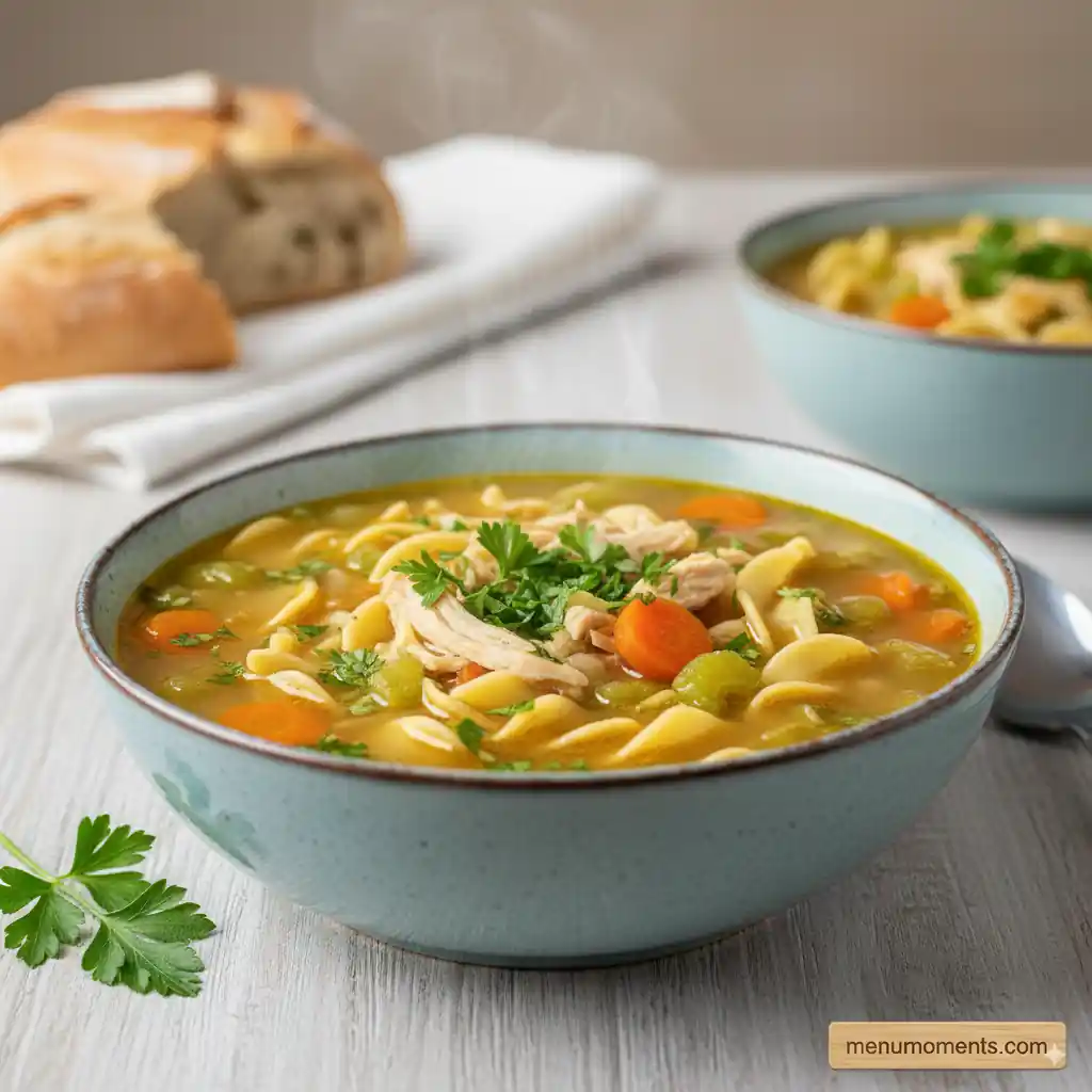 A steaming bowl of homemade crockpot chicken noodle soup, garnished with fresh parsley, served with a loaf of crusty bread on a white wooden table. menumoments.com