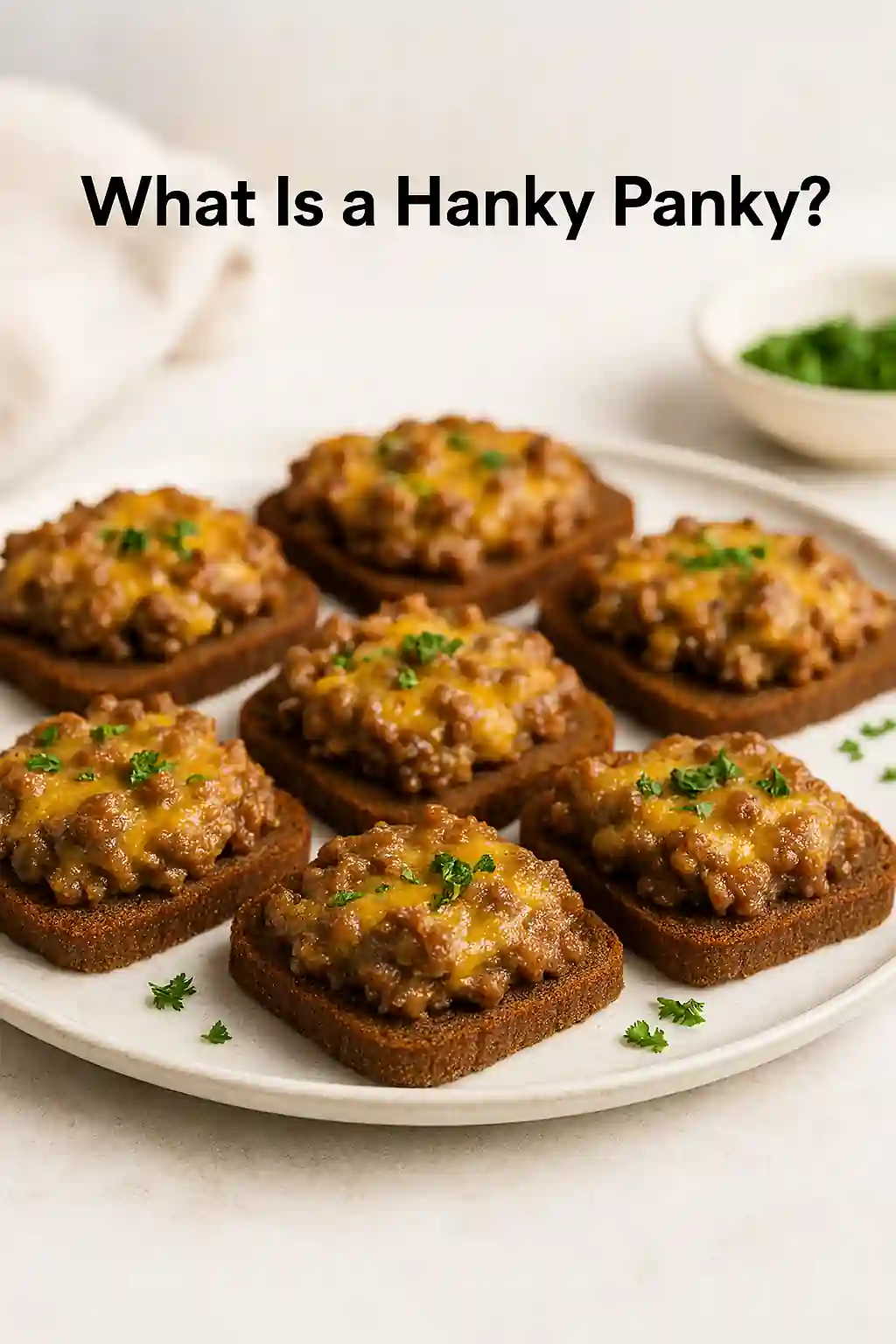 Hanky Panky rye bread appetizers topped with cheesy beef and sausage spread, garnished with parsley, plated in bright natural kitchen lighting.