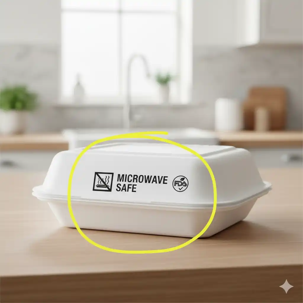 A white foam takeout container on a kitchen counter, with a yellow circle highlighting the "MICROWAVE SAFE" label and symbol.