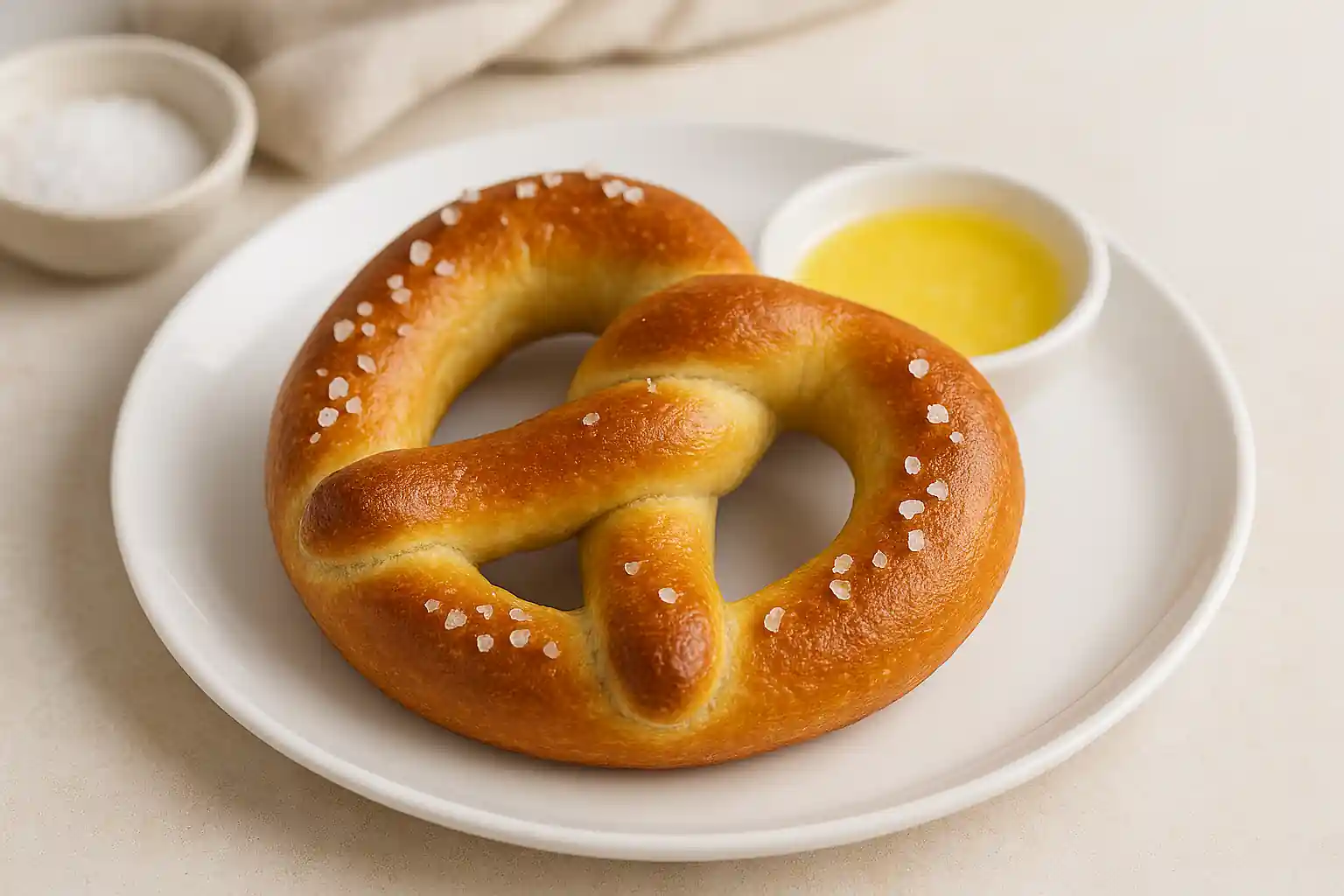 Golden-brown auntie anne's pretzel recipe soft pretzel plated with melted butter in bright kitchen lighting