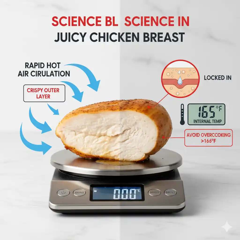 Diagram showing how rapid hot air circulation in an air fryer creates a crispy outer layer on chicken breast while locking moisture inside, with a thermometer indicating an internal temperature of 165°F.