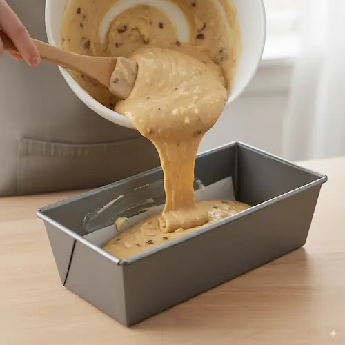 Pouring thick banana bread batter with chocolate chips into a parchment-lined loaf pan using a rubber spatula